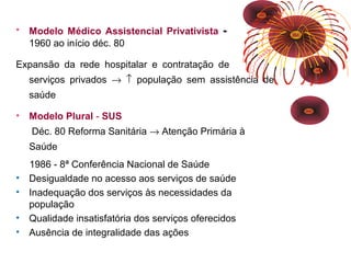 • Modelo Médico Assistencial Privativista - 
1960 ao início déc. 80 
Expansão da rede hospitalar e contratação de 
serviços privados ® ­ população sem assistência de 
saúde 
• Modelo Plural - SUS 
Déc. 80 Reforma Sanitária ® Atenção Primária à 
Saúde 
1986 - 8ª Conferência Nacional de Saúde 
• Desigualdade no acesso aos serviços de saúde 
• Inadequação dos serviços às necessidades da 
população 
• Qualidade insatisfatória dos serviços oferecidos 
• Ausência de integralidade das ações 
 