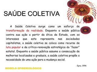 SSAAÚÚDDEE CCOOLLEETTIIVVAA 
A Saúde Coletiva surge como um esforço de 
transformação da realidade. Enquanto a saúde pública 
centra sua ação a partir da ótica do Estado, com os 
interesses que este representa nas sociedades 
capitalistas, a saúde coletiva se coloca como recurso de 
luta popular e da crítica-renovação estratégica do “fazer” 
estatal. Enquanto a saúde pública assume a consecução de 
melhorias localizadas e graduais, a saúde coletiva propõe a 
necessidade de uma ação para a mudança social. 
Egry, 1996 
MODELO EPIDEMIOLÓGICO 
 
