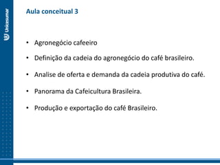 • Agronegócio cafeeiro
• Definição da cadeia do agronegócio do café brasileiro.
• Analise de oferta e demanda da cadeia produtiva do café.
• Panorama da Cafeicultura Brasileira.
• Produção e exportação do café Brasileiro.
Aula conceitual 3
 
