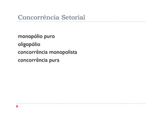 Concorrência Setorial

monopólio puro
oligopólio
concorrência monopolista
concorrência pura
 