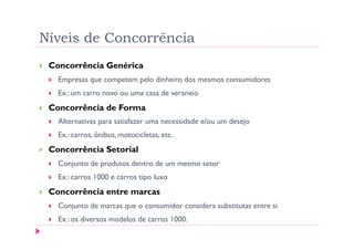 Níveis de Concorrência
    Concorrência Genérica
         Empresas que competem pelo dinheiro dos mesmos consumidores
         Ex.: um carro novo ou uma casa de veraneio
    Concorrência de Forma
         Alternativas para satisfazer uma necessidade e/ou um desejo
         Ex.: carros, ônibus, motocicletas, etc.
    Concorrência Setorial
         Conjunto de produtos dentro de um mesmo setor
         Ex.: carros 1000 e carros tipo luxo
    Concorrência entre marcas
         Conjunto de marcas que o consumidor considera substitutas entre si
         Ex.: os diversos modelos de carros 1000.
 