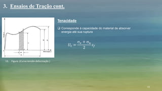 13
3. Ensaios de Tração cont.
 Corresponde à capacidade do material de absorver
energia até sua ruptura
Tenacidade
13. Figura :(Curva tensão-deformação )
𝑈𝑡 =
s 𝑒 + s 𝑢
2
𝜀𝑓
 