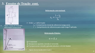 8
3. Ensaios de Tração cont.
Deformação convencional
 𝑐 =
l − l0
l0
 Onde:  𝑐= deformação
l0 = Comprimento inicial de referencia (carga zero).
l = Comprimento de referencia para cada Carga P aplicada.
Deformação Elástica
s = 𝐸. 𝜀
 É reversível
 Desaparece quando a tensão é removida
 É proporcional à tensão aplicada (obedece a lei de Hooke)
7. Figura :(Curva tensão-deformação )
6. Figura : Corpo de Prova com
deformação Convencional.
 