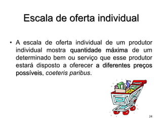 Escala de oferta individual
• A escala de oferta individual de um produtor
individual mostra quantidade máxima de um
determinado bem ou serviço que esse produtor
estará disposto a oferecer a diferentes preços
possíveis, coeteris paribus.
24
 