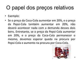O papel dos preços relativos
• Exemplo:
• Se o preço da Coca-Cola aumentar em 20%, e o preço
da Pepsi-Cola também aumentar em 20%, não
deverá acontecer nada com a demanda desses dois
bens. Entretanto, se o preço da Pepsi-Cola aumentar
em 20%, e o preço da Coca-Cola permanecer o
mesmo, devemos esperar queda na procura por
Pepsi-Cola e aumento na procura por Coca-Cola.
6
 