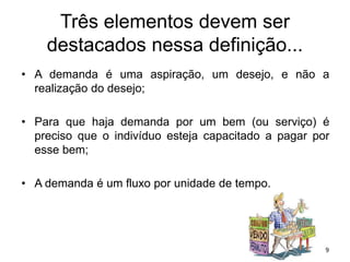 Três elementos devem ser
destacados nessa definição...
• A demanda é uma aspiração, um desejo, e não a
realização do desejo;
• Para que haja demanda por um bem (ou serviço) é
preciso que o indivíduo esteja capacitado a pagar por
esse bem;
• A demanda é um fluxo por unidade de tempo.
9
 