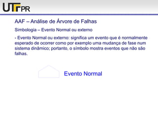 AAF – Análise de Árvore de Falhas
Simbologia – Evento Normal ou externo
- Evento Normal ou externo: significa um evento que é normalmente
esperado de ocorrer como por exemplo uma mudança de fase num
sistema dinâmico; portanto, o símbolo mostra eventos que não são
falhas.
Evento Normal
 