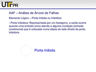 AAF – Análise de Árvore de Falhas
Elemento Lógico – Porta Inibida ou Inibidora
- Porta Inibidora: Representada por um hexágono, a saída ocorre
quando uma entrada única atende a alguma condição (entrada
condicional) que é colocada numa elipse do lado direito da porta
inibidora.
Porta Inibida
 