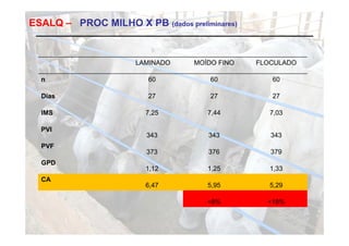 ESALQ – PROC MILHO X PB (dados preliminares)


                      LAMINADO    MOÍDO FINO   FLOCULADO

  n                      60           60          60

  Dias                   27           27          27

  IMS                   7,25         7,44         7,03

  PVI
                        343          343          343
  PVF
                        373          376          379
  GPD
                        1,12         1,25         1,33
  CA
                        6,47         5,95         5,29

                                     +8%         +18%
 
