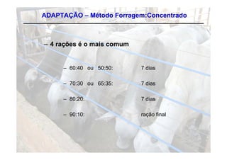 ADAPTAÇÃO – Método Forragem:Concentrado



– 4 rações é o mais comum


     – 60:40 ou 50:50:      7 dias

     – 70:30 ou 65:35:      7 dias

     – 80:20:               7 dias

     – 90:10:
       90 0                 ração final
                             ação a
 