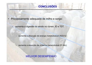 CONCLUSÕES



• Processamento adequado de milho e sorgo:

   - aumenta a digestão do amido no rúmen, ID e TDT.


      - aumenta a absorção de energia metabolizável (AGV’s)



      - aumenta a absorção de proteína metabolizável (P. Mic).




                MELHOR DESEMPENHO
 