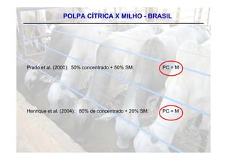 POLPA CÍTRICA X MILHO - BRASIL




Prado et al. (2000): 50% concentrado + 50% SM:         PC = M




Henrique et al. (2004): 80% de concentrado + 20% SM:   PC = M
 