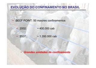 EVOLUÇÃO DO CONFINAMENTO NO BRASIL



• BEEF POINT: 50 maiores confinamentos

  • 2002:        ~ 400.000 cab

  • 2007:        ~ 1.350.000 cab




     • Grandes unidades de confinamento
 