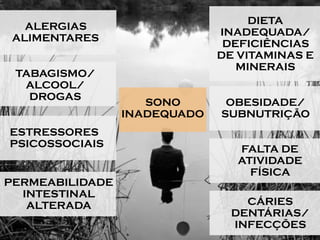ESTRESSORES
PSICOSSOCIAIS
DIETA
INADEQUADA/
DEFICIÊNCIAS
DE VITAMINAS E
MINERAIS
ALERGIAS
ALIMENTARES
FALTA DE
ATIVIDADE
FÍSICA
OBESIDADE/
SUBNUTRIÇÃO
TABAGISMO/
ALCOOL/
DROGAS
PERMEABILIDADE
INTESTINAL
ALTERADA CÁRIES
DENTÁRIAS/
INFECÇÕES
SONO
INADEQUADO
 