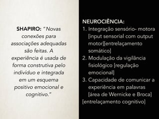 SHAPIRO: “Novas
conexões para
associações adequadas
são feitas. A
experiência é usada de
forma construtiva pelo
indivíduo e integrada
em um esquema
positivo emocional e
cognitivo.”
NEUROCIÊNCIA:
1. Integração sensório- motora
[input sensorial com output
motor][entrelaçamento
somático]
2. Modulação da vigilância
fisiológico [regulação
emocional]
3. Capacidade de comunicar a
experiência em palavras
[área de Wernicke e Broca]
[entrelaçamento cognitivo]
 