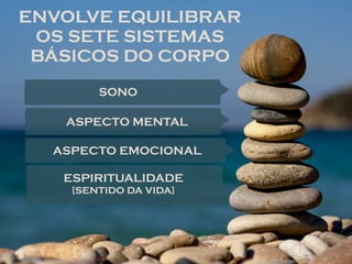 ENVOLVE EQUILIBRAR
OS SETE SISTEMAS
BÁSICOS DO CORPO
SONO
ASPECTO MENTAL
ASPECTO EMOCIONAL
ESPIRITUALIDADE  
[SENTIDO DA VIDA]
 