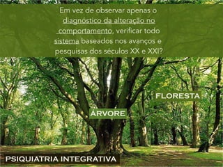 PSIQUIATRIA INTEGRATIVA
ÁRVORE
FLORESTA
Em vez de observar apenas o
diagnóstico da alteração no
comportamento, verificar todo
sistema baseados nos avanços e
pesquisas dos séculos XX e XXI?
 