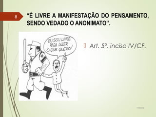 “É LIVRE A MANIFESTAÇÃO DO PENSAMENTO,
SENDO VEDADO O ANONIMATO”.
 Art. 5º, inciso IV/CF.
17/03/15
8
 