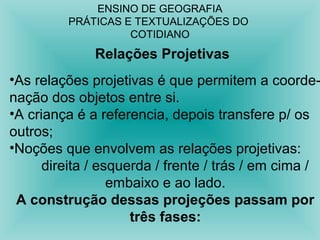 ENSINO DE GEOGRAFIA 
PRÁTICAS E TEXTUALIZAÇÕES DO 
COTIDIANO 
Relações Projetivas 
•As relações projetivas é que permitem a coorde-nação 
dos objetos entre si. 
•A criança é a referencia, depois transfere p/ os 
outros; 
•Noções que envolvem as relações projetivas: 
direita / esquerda / frente / trás / em cima / 
embaixo e ao lado. 
A construção dessas projeções passam por 
três fases: 
 