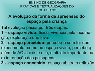 ENSINO DE GEOGRAFIA 
PRÁTICAS E TEXTUALIZAÇÕES DO 
COTIDIANO 
A evolução da forma de apreensão do 
espaço pela criança 
Tal evolução passa por três etapas: 
1 – espaço vivido: físico, vivencia pela locomo-ção, 
exploração que leva.... 
2 – espaço percebido: percebe-o sem ter que 
experimentar como no espaço vivido, percebe q 
além do AQUI existe o lá, e ali. ato importante pa-ra 
introdução das paisagens. 
3 - espaço concebido: espaço abstrato reflexão. 
 