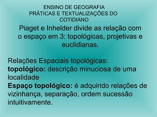 ENSINO DE GEOGRAFIA 
PRÁTICAS E TEXTUALIZAÇÕES DO 
COTIDIANO 
Piaget e Inhelder divide as relação com 
o espaço em 3: topológicas, projetivas e 
euclidianas. 
Relações Espaciais topológicas: 
topológico: descrição minuciosa de uma 
localidade 
Espaço topológico: é adquirido relações de 
vizinhança, separação, ordem sucessão 
intuitivamente. 
 
