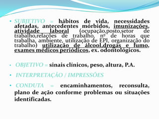 • SUBJETIVO = hábitos de vida, necessidades

afetadas, antecedentes mórbidos, imunizações,
atividade
laboral
(ocupação,posto,setor
de
trabalho,relações de trabalho, nº de horas que
trabalha, ambiente, utilização de EPI, organização do
trabalho) utilização de álcool,drogas e fumo,
exames médicos periódicos, ex. odontológicos.

•

OBJETIVO = sinais clínicos, peso, altura, P.A.

• INTERPRETAÇÃO / IMPRESSÕES
• CONDUTA

= encaminhamentos, reconsulta,
plano de ação conforme problemas ou situações
identificadas.

 