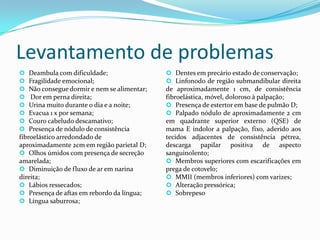 Levantamento de problemas









Deambula com dificuldade;
Fragilidade emocional;
Não consegue dormir e nem se alimentar;
Dor em perna direita;
Urina muito durante o dia e a noite;
Evacua 1 x por semana;
Couro cabeludo descamativo;
Presença de nódulo de consistência
fibroelástico arredondado de
aproximadamente 2cm em região parietal D;
 Olhos úmidos com presença de secreção
amarelada;
 Diminuição de fluxo de ar em narina
direita;
 Lábios ressecados;
 Presença de aftas em rebordo da língua;
 Língua saburrosa;

 Dentes em precário estado de conservação;
 Linfonodo de região submandibular direita

de aproximadamente 1 cm, de consistência
fibroelástica, móvel, doloroso à palpação;
 Presença de estertor em base de pulmão D;
 Palpado nódulo de aproximadamente 2 cm
em quadrante superior externo (QSE) de
mama E indolor a palpação, fixo, aderido aos
tecidos adjacentes de consistência pétrea,
descarga papilar positiva de aspecto
sanguinolento;
 Membros superiores com escarificações em
prega de cotovelo;
 MMII (membros inferiores) com varizes;
 Alteração pressórica;
 Sobrepeso

 