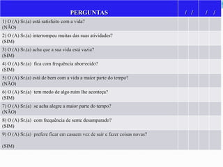 PERGUNTAS
1) O (A) Sr.(a) está satisfeito com a vida?
(NÃO)
2) O (A) Sr.(a) interrompeu muitas das suas atividades?
(SIM)
3) O (A) Sr.(a) acha que a sua vida está vazia?
(SIM)
4) O (A) Sr.(a) fica com frequência aborrecido?
(SIM)
5) O (A) Sr.(a) está de bem com a vida a maior parte do tempo?
(NÃO)
6) O (A) Sr.(a) tem medo de algo ruim lhe aconteça?
(SIM)
7) O (A) Sr.(a) se acha alegre a maior parte do tempo?
(NÃO)
8) O (A) Sr.(a) com frequência de sente desamparado?
(SIM)

9) O (A) Sr.(a) prefere ficar em casaem vez de sair e fazer coisas novas?
(SIM)

/ /

/ /

 