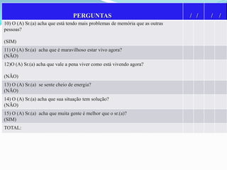PERGUNTAS
10) O (A) Sr.(a) acha que está tendo mais problemas de memória que as outras
pessoas?

(SIM)
11) O (A) Sr.(a) acha que é maravilhoso estar vivo agora?
(NÃO)
12)O (A) Sr.(a) acha que vale a pena viver como está vivendo agora?
(NÃO)
13) O (A) Sr.(a) se sente cheio de energia?
(NÃO)
14) O (A) Sr.(a) acha que sua situação tem solução?
(NÃO)
15) O (A) Sr.(a) acha que muita gente é melhor que o sr.(a)?
(SIM)
TOTAL:

/ /

/ /

 