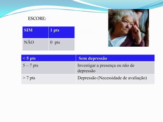 ESCORE:
SIM

1 pts

NÃO

0 pts

< 5 pts

Sem depressão

5 – 7 pts

Investigar a presença ou não de
depressão

> 7 pts

Depressão (Necessidade de avaliação)

 