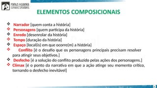  Narrador [quem conta a história]
 Personagens [quem participa da história]
 Enredo [desenrolar da história]
 Tempo [duração da história]
 Espaço [local(is) em que ocorre(m) a história]
 Conflito [é o desafio que os personagens principais precisam resolver
para atingir seus objetivos.]
 Desfecho [é a solução do conflito produzido pelas ações dos personagens.]
 Clímax [é o ponto da narrativa em que a ação atinge seu momento crítico,
tornando o desfecho inevitável]
4
 