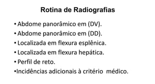Rotina de Radiografias
• Abdome panorâmico em (DV).
• Abdome panorâmico em (DD).
• Localizada em flexura esplênica.
• Localizada em flexura hepática.
• Perfil de reto.
•Incidências adicionais à critério médico.
 
