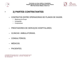 Contratos na área médica e hospitalar.
Noções gerais da teoria da perda de uma chance
EPD Pós Direito Médico -06.07.13
• 2) PARTES CONTRATANTES
– CONTRATOS ENTRE OPERADORAS DE PLANOS DE SAÚDE.
• Medicinas de Grupo
• Autogestão
• Cooperativas
– PRESTADORES DE SERVIÇOS HOSPITALARES.
– CLÍNICAS AMBULATORIAIS.
– CONSULTÓRIOS.
– MÉDICOS.
– PACIENTES.
 
