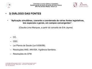 Contratos na área médica e hospitalar.
Noções gerais da teoria da perda de uma chance
EPD Pós Direito Médico -06.07.13
• 3) DIÁLOGO DAS FONTES
• “Aplicação simultânea, coerente e coordenada de várias fontes legislativas,
leis especiais e gerais, em campos convergentes”.
(Claudia Lima Marques, a partir do conceito de Erik Jayme)
– CC.
– CDC.
– Lei Planos de Saúde (Lei 9.656/98).
– Resoluções ANS, ANVISA, Vigilância Sanitária.
– Resoluções do CFM.
 