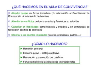 ○   Atender quejas  de forma inmediata (   información al Coordinador de Convivencia    informe de derivación) ○   Abordar los conflictos  de forma asertiva y favorecer su solución ○   Capacitar en habilidades  comunicativas y sociales y en estrategias de resolución pacífica de conflictos ○   Informar a los agentes implicados  (tutores, profesores, padres…) ¿QUÉ HACEMOS EN EL AULA DE CONVIVENCIA? ¿CÓMO LO HACEMOS? ►   Reflexión personal ►   Escucha activa – diálogo reflexivo ►   Resolución y prevención del conflicto ►   Fortalecimiento de las relaciones interpersonales 