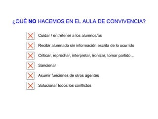 ¿QUÉ  NO  HACEMOS EN EL AULA DE CONVIVENCIA? Cuidar / entretener a los alumnos/as Recibir alumnado sin información escrita de lo ocurrido Criticar, reprochar, interpretar, ironizar, tomar partido… Sancionar Asumir funciones de otros agentes Solucionar todos los conflictos 