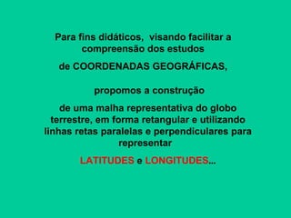 propomos a construção de uma malha representativa do globo terrestre, em forma retangular e utilizando linhas retas paralelas e perpendiculares para representar  LATITUDES  e  LONGITUDES ... Para fins didáticos,  visando facilitar a compreensão dos estudos de COORDENADAS GEOGRÁFICAS, 