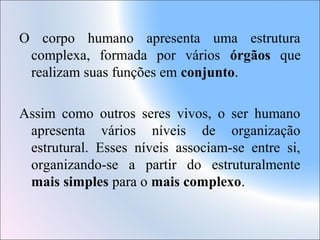 O corpo humano apresenta uma estrutura
complexa, formada por vários órgãos que
realizam suas funções em conjunto.
Assim como outros seres vivos, o ser humano
apresenta vários níveis de organização
estrutural. Esses níveis associam-se entre si,
organizando-se a partir do estruturalmente
mais simples para o mais complexo.

 