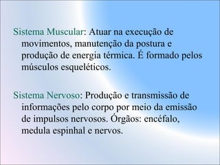 Sistema Muscular: Atuar na execução de
movimentos, manutenção da postura e
produção de energia térmica. É formado pelos
músculos esqueléticos.
Sistema Nervoso: Produção e transmissão de
informações pelo corpo por meio da emissão
de impulsos nervosos. Órgãos: encéfalo,
medula espinhal e nervos.

 