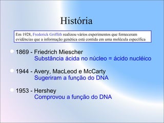 História
Em 1928, Frederick Griffith realizou vários experimentos que forneceram
evidências que a informação genética está contida em uma molécula específica

1869 - Friedrich Miescher
Substância ácida no núcleo = ácido nucléico
1944 - Avery, MacLeod e McCarty
Sugeriram a função do DNA
1953 - Hershey
Comprovou a função do DNA

 