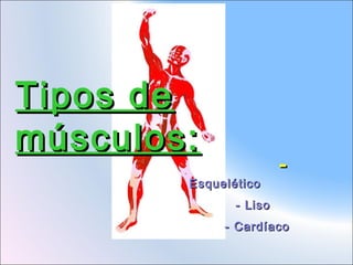 Tipos de
músculos:
Esquelético

-

- Liso
- Cardíaco

 