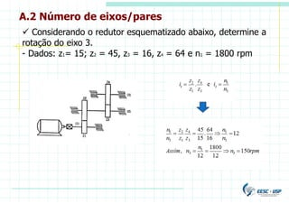 A.2 Número de eixos/pares
 Considerando o redutor esquematizado abaixo, determine a
rotação do eixo 3.
- Dados: z1= 15; z2 = 45, z3 = 16, z4 = 64 e n1 = 1800 rpm
 