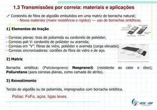 1.3 Transmissões por correia: materiais e aplicações
 Cordonéis de fibra de algodão embutidos em uma matriz de borracha natural;
- Novos materiais (maior resistência e rigidez) --- uso de borrachas sintéticas.
1) Elementos de tração
- Correias planas: tiras de poliamida ou cordonéis de poliéster;
- Correias poli V: cordonéis de poliéster ou aramida;
- Correias em “V”: fibras de vidro, poliéster e aramida (carga elevada);
- Correias sincronizadoras: cordões de fibra de vidro e de aço.
2) Matriz
Borracha sintética: (Policloropreno) Neoprene® (resistente ao calor e óleo);
Poliuretano (para correias planas, como camada de atrito).
3) Revestimento
Tecido de algodão ou de poliamida, impregnados com borracha sintética.
Polias: FoFo, aços, ligas leves.
 
