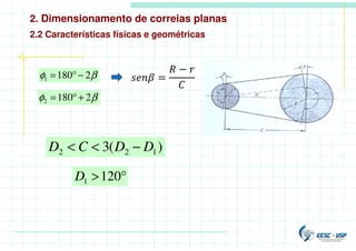 2. Dimensionamento de correias planas
2.2 Características físicas e geométricas
β
φ 2
180
1 −
°
=
β
φ 2
180
2 +
°
=
)
(
3 1
2
2 D
D
C
D −
<
<
°
>120
1
D
=
−
 