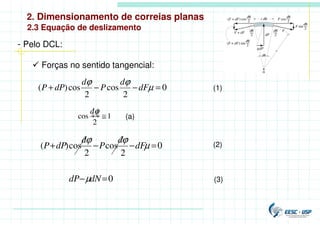 2. Dimensionamento de correias planas
- Pelo DCL:
 Forças no sentido tangencial:
2.3 Equação de deslizamento
0
2
cos
2
cos
)
( =
−
−
+ µ
ϕ
ϕ
dF
d
P
d
dP
P (1)
1
2
cos ≅
ϕ
d
0
2
cos
2
cos
)
( =
−
−
+ µ
ϕ
ϕ
dF
d
P
d
dP
P (2)
0
=
− dN
dP µ (3)
(a)
 
