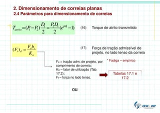 2. Dimensionamento de correias planas
)
1
(
2
2
)
( 1
1
2
1
2
1 −
=
−
= µφ
e
D
P
D
P
P
Tatrito
Torque de atrito transmitido
Força de tração admissível de
projeto, no lado tenso da correia
2.4 Parâmetros para dimensionamento de correias
a
c
a
d
t
K
b
F
F =
)
(
Fa = tração adm. de projeto, por
comprimento de correia;
Ka – fator de utilização (Tab.
17.2);
Ft – força no lado tenso.
(16)
(17)
* Fadiga – empírico
Tabelas 17.1 e
17.2
ou
 