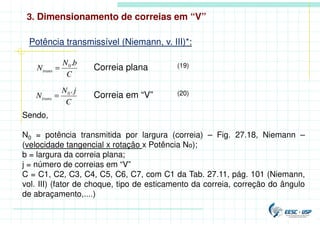 Potência transmissível (Niemann, v. III)*:
C
b
N
Ntrans
.
0
=
C
j
N
Ntrans
.
0
=
Correia plana
Correia em “V”
Sendo,
N0 = potência transmitida por largura (correia) – Fig. 27.18, Niemann –
(velocidade tangencial x rotação x Potência No);
b = largura da correia plana;
j = número de correias em “V”
C = C1, C2, C3, C4, C5, C6, C7, com C1 da Tab. 27.11, pág. 101 (Niemann,
vol. III) (fator de choque, tipo de esticamento da correia, correção do ângulo
de abraçamento,....)
(19)
(20)
3. Dimensionamento de correias em “V”
 