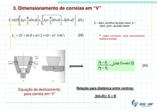 )
4
/(
)
(
2
/
)
(
2 2
C
d
D
d
D
C
Lp −
+
+
+
= π










−
−






+
−
+






+
−
= 2
)
(
2
)
(
2
)
(
2
25
,
0 d
D
d
D
Lp
d
D
Lp
C
π
π
D – diam. primitivo da polia maior; d –
diam. prim., da polia menor
Relação para distânica entre centros:
3(d+D)≥ C ≥ D
(21)
(22)
( )]
2
/
/
[
2
1 1 α
µφ sen
e
c
P
P
c
P
P
=
−
−
Equação de deslizamento,
para correia em “V”
(24)
* Lados convexos: sofre encurtamento,
melhora contato.
3. Dimensionamento de correias em “V”
α
sen
dN 2
/
°
=
36
2α
 