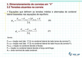 3. Dimensionamento de correias em “V”
3.2 Tensões atuantes na correia
 Equações que definem as tensões médias e alternadas do cordonel
lateral baseadas nas equações de equilíbrio:
c
c
flexão
real
real
m
A
F
F
F
F
2
2
2
1 +
+
+
=
σ (26)
Sendo:
F1real = tração real (tab. 17.3) no cordonel lateral do lado tenso da correia F1;
F2 real = tração real (tab. 17.3) no cordonel lateral do lado frouxo da correia F2;
Fflexão = tração no cordonel devido à flexão;
Fc = tração no cordonel lateral devido à força centrífuga;
Ac = área nominal de cada cordonel.
c
flexão
real
a
A
F
F
F
2
2
1 −
+
=
σ (27)
 