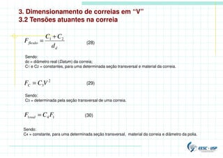d
flexão
d
C
C
F 2
1 +
= (28)
3. Dimensionamento de correias em “V”
3.2 Tensões atuantes na correia
2
3V
C
FC = (29)
1
4
1 F
C
F real = (30)
Sendo:
dd = diâmetro real (Datum) da correia;
C1 e C2 = constantes, para uma determinada seção transversal e material da correia.
Sendo:
C3 = determinada pela seção transversal de uma correia.
Sendo:
C4 = constante, para uma determinada seção transversal, material da correia e diâmetro da polia.
 